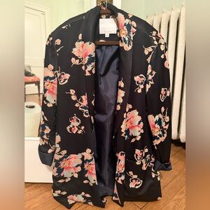 Anthropologie Satin Black and Pink Floral Blazer, size S